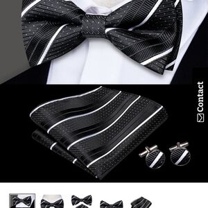 Hi-Tie Bowties Pre-Tied Pocket Square Cufflinks Mens Bowtie Set Black And White